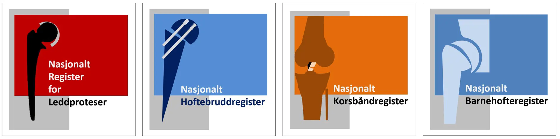 Logo for Nasjonalt register for leddproteser, Nasjonalt hoftebruddregister, Nasjonalt korsbåndregister og Nasjonalt barnehofteregister med ulike grafiske uttrykk og farger.